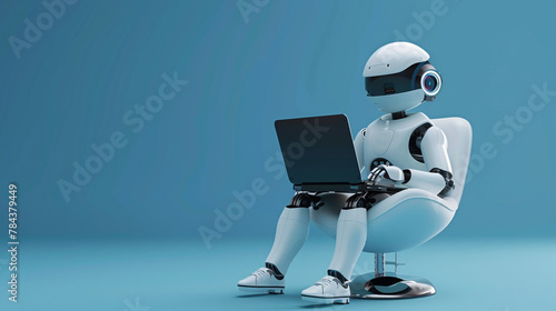 Artificial intelligence robots using laptop computers with blue background chatbot technology and AI replace human jobs concept.