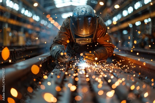 A professional welder in protective gear welds metal components together in an industrial setting, with vibrant sparks flying