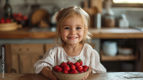 Joyful blonde girl with blue eyes smiling while holding a bowl of fresh strawberries in the kitchen.
