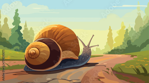 Big snail in shell crawling on road summer day. Slu