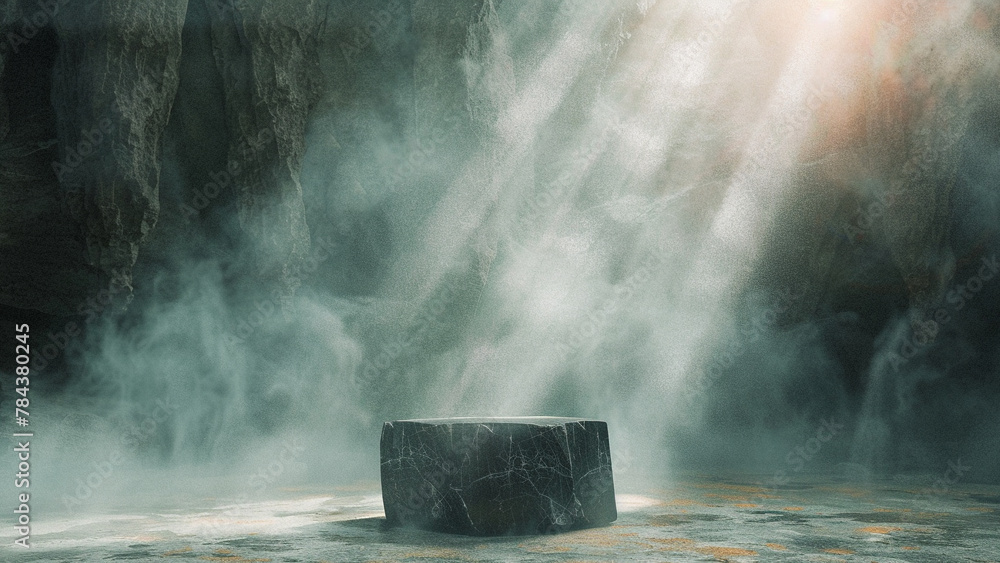 naturally shaped black stone podium humid cave enveloped in mist with light - obrazy, fototapety, plakaty 
