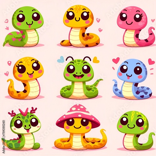 Cute snakes set. Funny wild reptile baby animal cartoon vector illustration