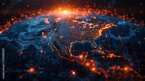 The digital world globe centered on the USA, the concept of global network and connectivity on Earth, data transfer and cyber technology, information exchange, and international telecommunication. #784380407