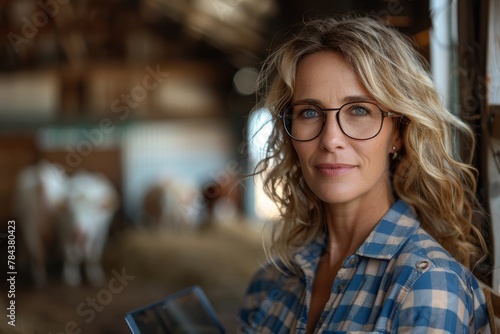 A female farmer is holding a tablet with a barn and cows in the background, representing modern farming
