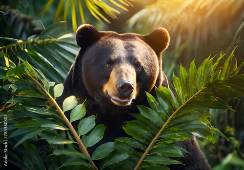 Sun bear in tropical leaves portrait, elegant tropical animal, wild rainforest animal portrait photo