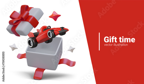 Time of pleasant surprises. 3D red racing car inside open gift box