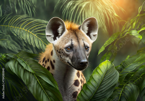 Hyena in tropical leaves portrait, elegant tropical animal, wild rainforest animal portrait