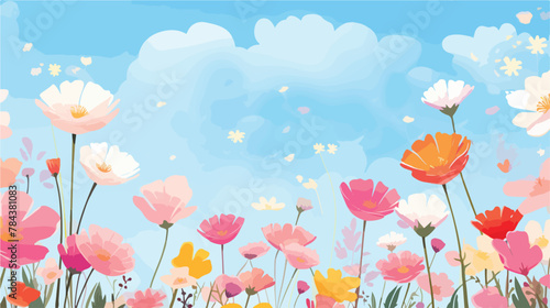 Blossoming colorful flowers in the sky 2d flat cartoon