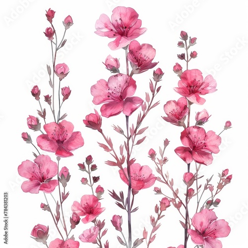 An illustration with pink flower twigs and a white background in watercolor