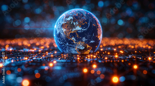 The digital world globe centered on the USA, the concept of global network and connectivity on Earth, data transfer and cyber technology, information exchange, and international telecommunication.