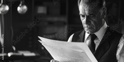 A man in a vest and tie reading a piece of paper. Suitable for business and education concepts