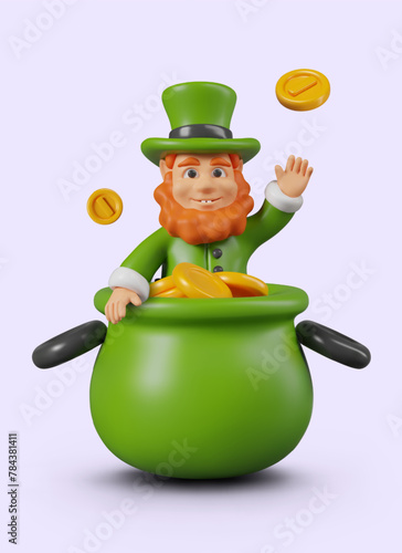 Funny leprechaun is sitting in pot of gold coins. Successful business