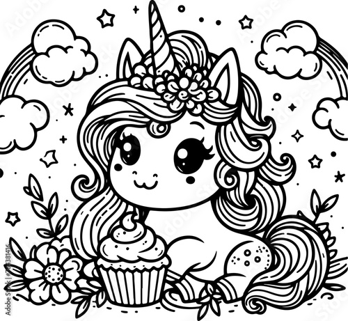 Cute little unicorn black outline children coloring book.