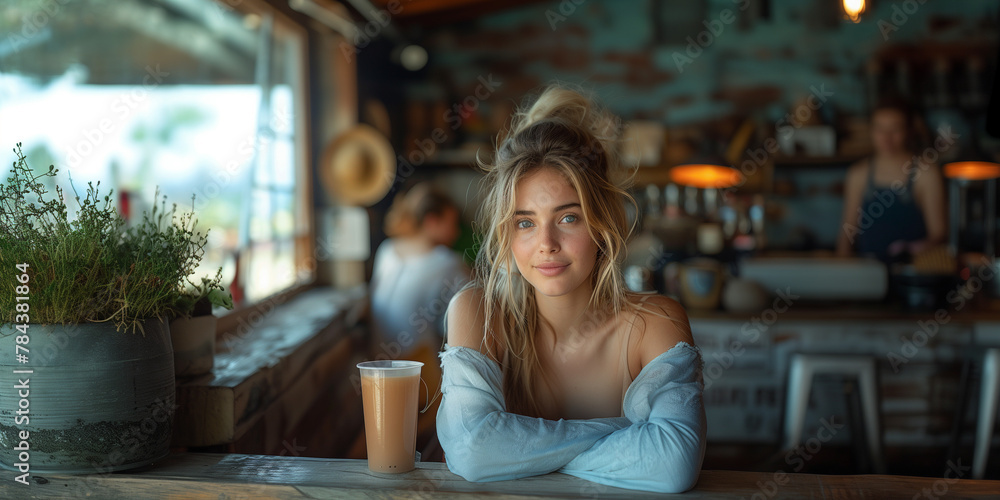 woman drink morning coffee at the countryside farmhouse bar woman drink morning coffee at the countryside farmhouse bar
