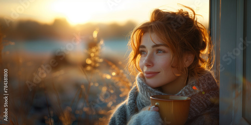 young woman drinking hot tea  at the farm photo
