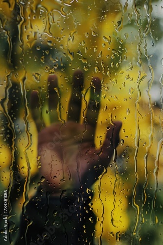 A person's hand visible through a rain-covered window. Suitable for weather, loneliness concepts