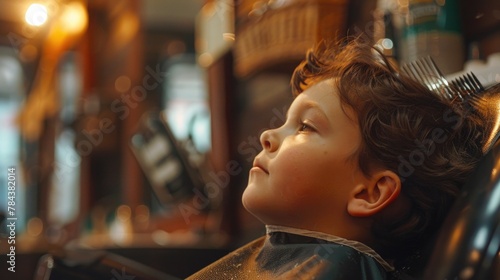 A young boy getting his hair trimmed at a barber shop. Ideal for beauty and grooming concepts