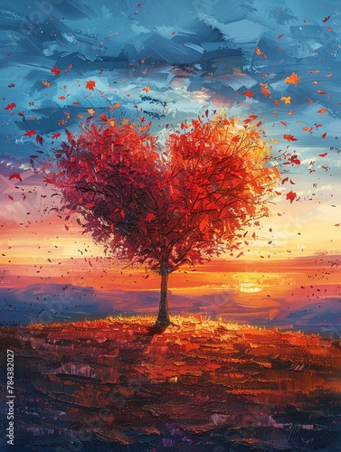 Heart tree in sunset, crimson color, leaves descending in the bright, colorful embrace of the evening sky