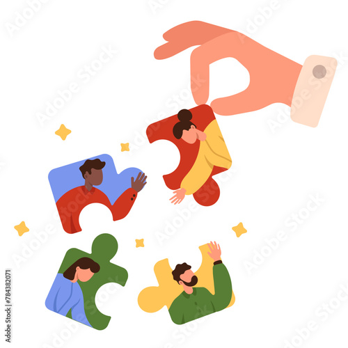 New employee, effective search of team member. Hand of employer holding puzzle piece with face of woman to connect with colleagues for success cooperation and partnership cartoon vector illustration