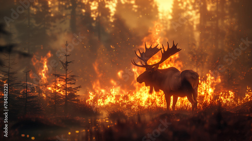 A large moose stands in a field of fire. Serious damage to the ecosystem, destruction of biological species