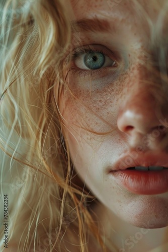 Close up of a woman with freckles, ideal for skincare ads