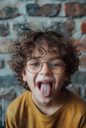 A mischievous young boy playfully sticking out his tongue. Suitable for various projects