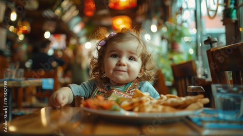 A young girl sitting at a table with a plate of food. Suitable for food and family-related concepts