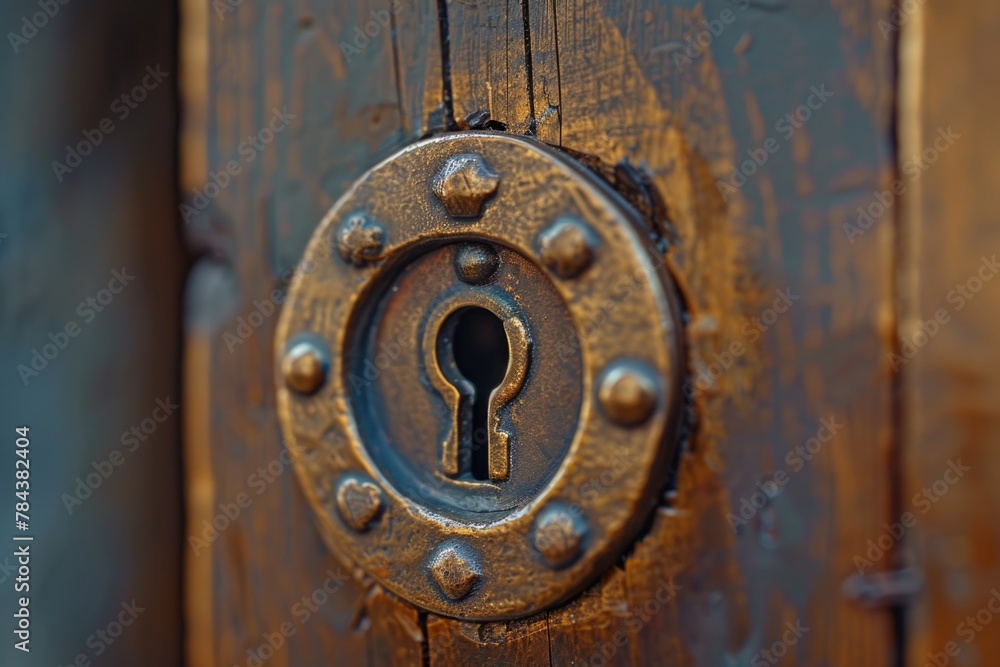 Close up of a keyhole on a wooden door. Suitable for security concepts Close up of a keyhole on a wooden door. Suitable for security concepts