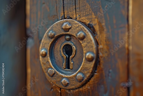 Close up of a keyhole on a wooden door. Suitable for security concepts © Fotograf