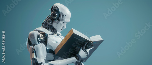 Machine learning concept with 3d rendering humanoid robots are reading books isolated on a blue background.