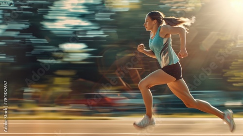 A woman running on a track in the sun. Suitable for sports and fitness concepts