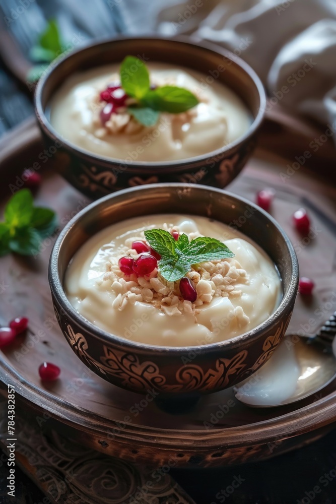 Two bowls of food on a table, perfect for food blog or restaurant menu Two bowls of food on a table, perfect for food blog or restaurant menu