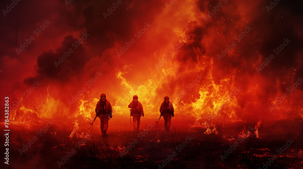 A group of three firefighters is walking through a burning field. A strong forest fire.