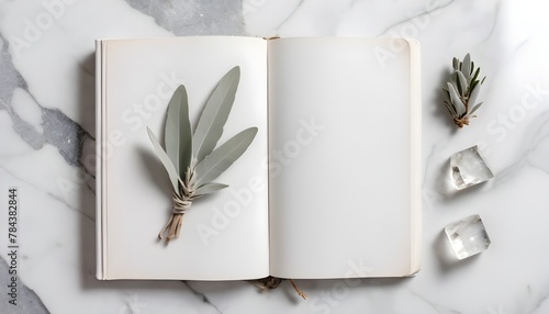 A white note book on a marble table with leaves.  photo