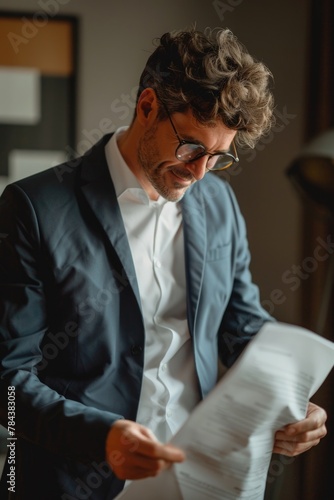 A man in a suit reading a piece of paper. Suitable for business presentations