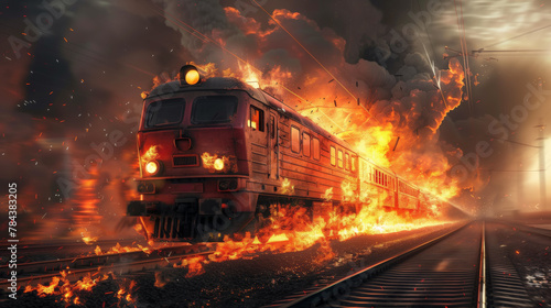 The train is engulfed in flames and moving along the rails. The head train is surrounded by flames and smoke