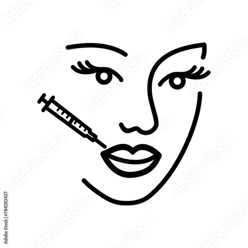Lips augmentation. Outline lips icon. Beauty injection line icon. Lips, face, syringe. Beauty care concept. Vector illustration can be used for topics like cosmetology, clinic, salon