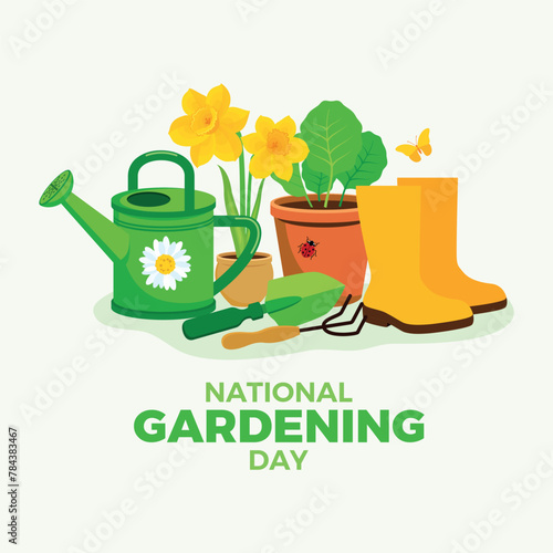 National Gardening Day poster vector illustration. Garden watering can, shovel, flowerpot with plant, rubber boots icons. Garden tools icon set vector. Template for background, banner, card
