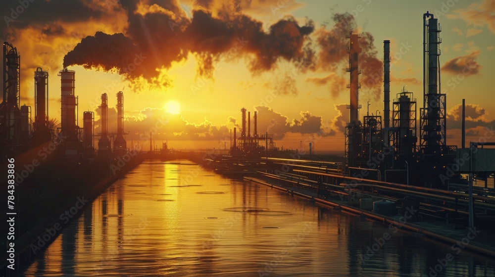 A picturesque sunset over a large industrial area. Perfect for industrial and environmental concepts A picturesque sunset over a large industrial area. Perfect for industrial and environmental concepts