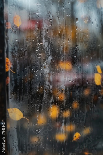 Rainy window with yellow leaves  suitable for autumn themes