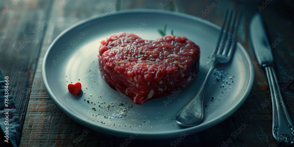 A heart shaped steak on a plate with a fork and knife. Perfect for food and restaurant concepts A heart shaped steak on a plate with a fork and knife. Perfect for food and restaurant concepts