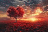 Enchanting scene, heart tree under a sunset, deep crimson foliage cascading, vibrant sky backdrop