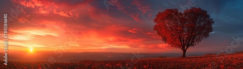 Sunset romance, heartshaped tree in crimson, leaves fluttering down, sky ablaze with bright hues