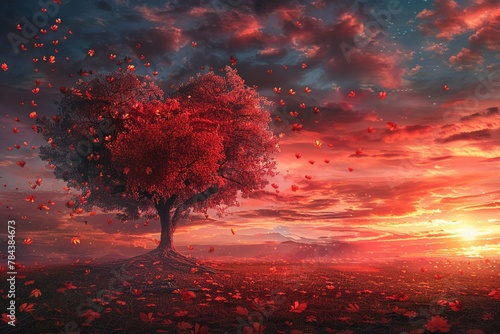 Dreamy sunset landscape, heart tree in brilliant crimson, leaves tumbling, sky in vivid colors