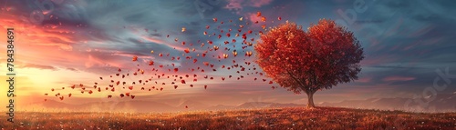 Crimson heart tree at sunset, leaves falling gently, sky painted with vivid pinks and oranges photo