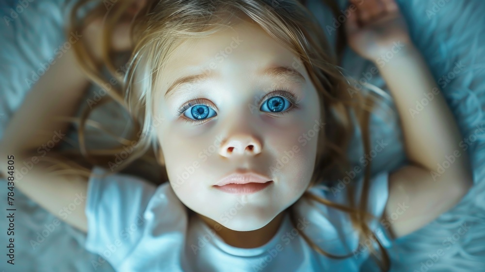 Cute little girl with blue eyes relaxing on a bed, suitable for family and lifestyle concepts Cute little girl with blue eyes relaxing on a bed, suitable for family and lifestyle concepts