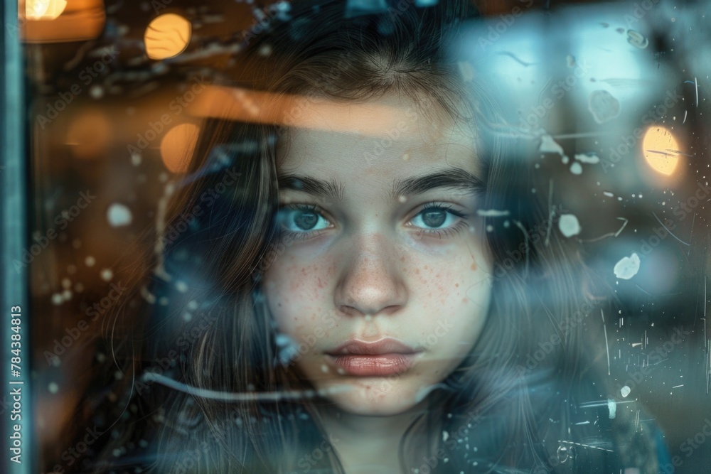 A young girl looking out a window at the rain. Suitable for weather and emotion concepts A young girl looking out a window at the rain. Suitable for weather and emotion concepts