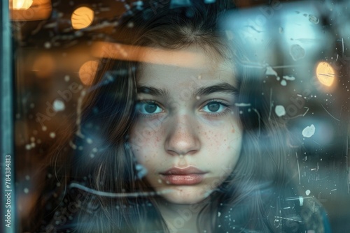 A young girl looking out a window at the rain. Suitable for weather and emotion concepts