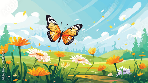 Butterfly on flower summer nature spring 2d flat cartoon