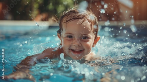 A little boy standing in the water. Suitable for various projects